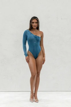 JLUXLABEL Medium Wash Button Me Up Bodysuit
