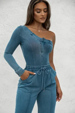 JLUXLABEL Medium Wash Button Me Up Bodysuit