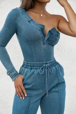 JLUXLABEL Medium Wash Button Me Up Bodysuit