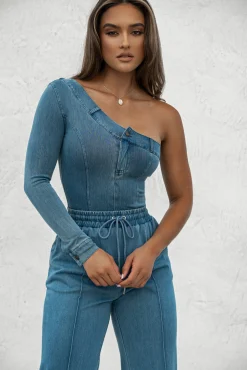 JLUXLABEL Medium Wash Button Me Up Bodysuit