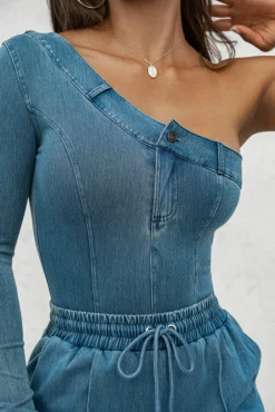 JLUXLABEL Medium Wash Button Me Up Bodysuit