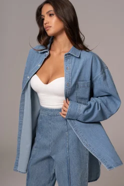 JLUXLABEL Medium Wash Denim Brandi Oversized Button Up