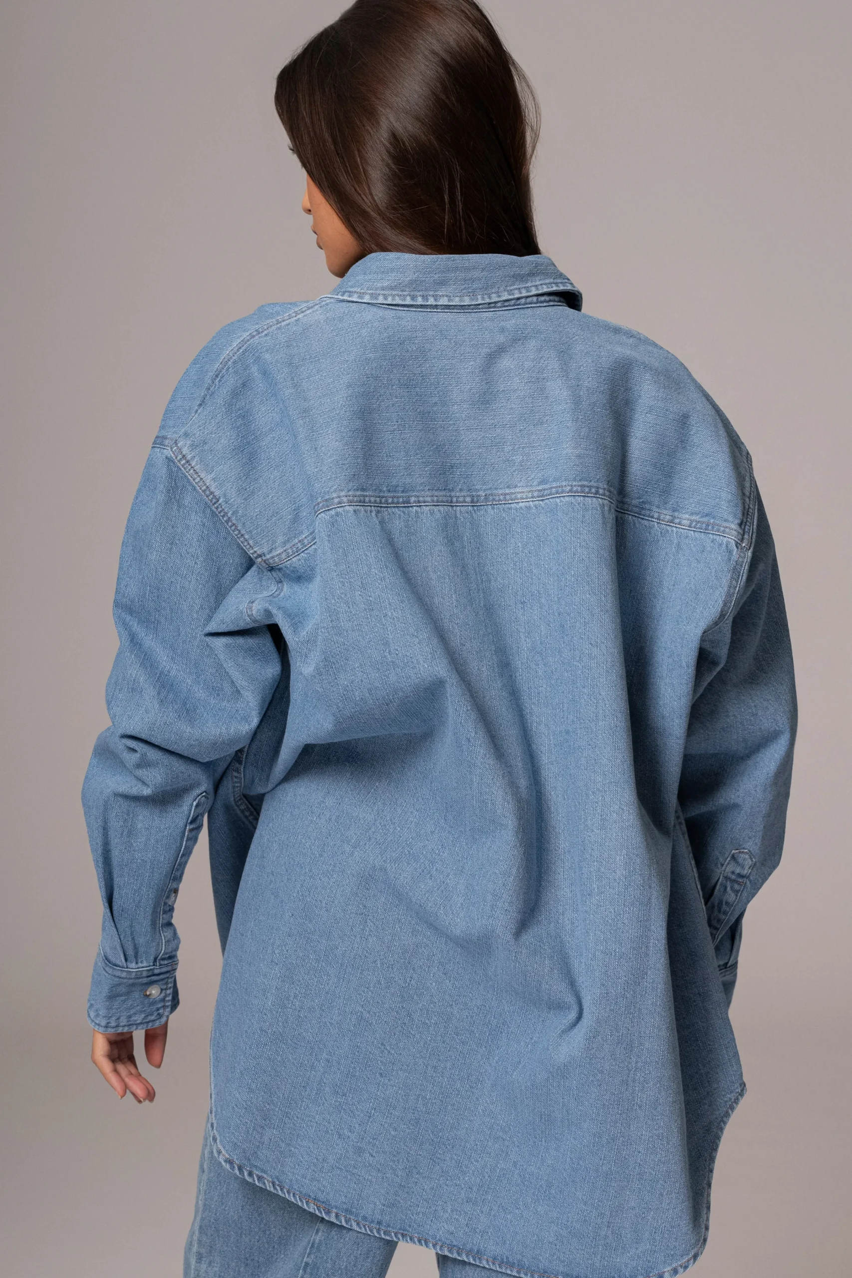 JLUXLABEL Medium Wash Denim Brandi Oversized Button Up