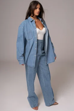 JLUXLABEL Medium Wash Denim Brandi Oversized Button Up