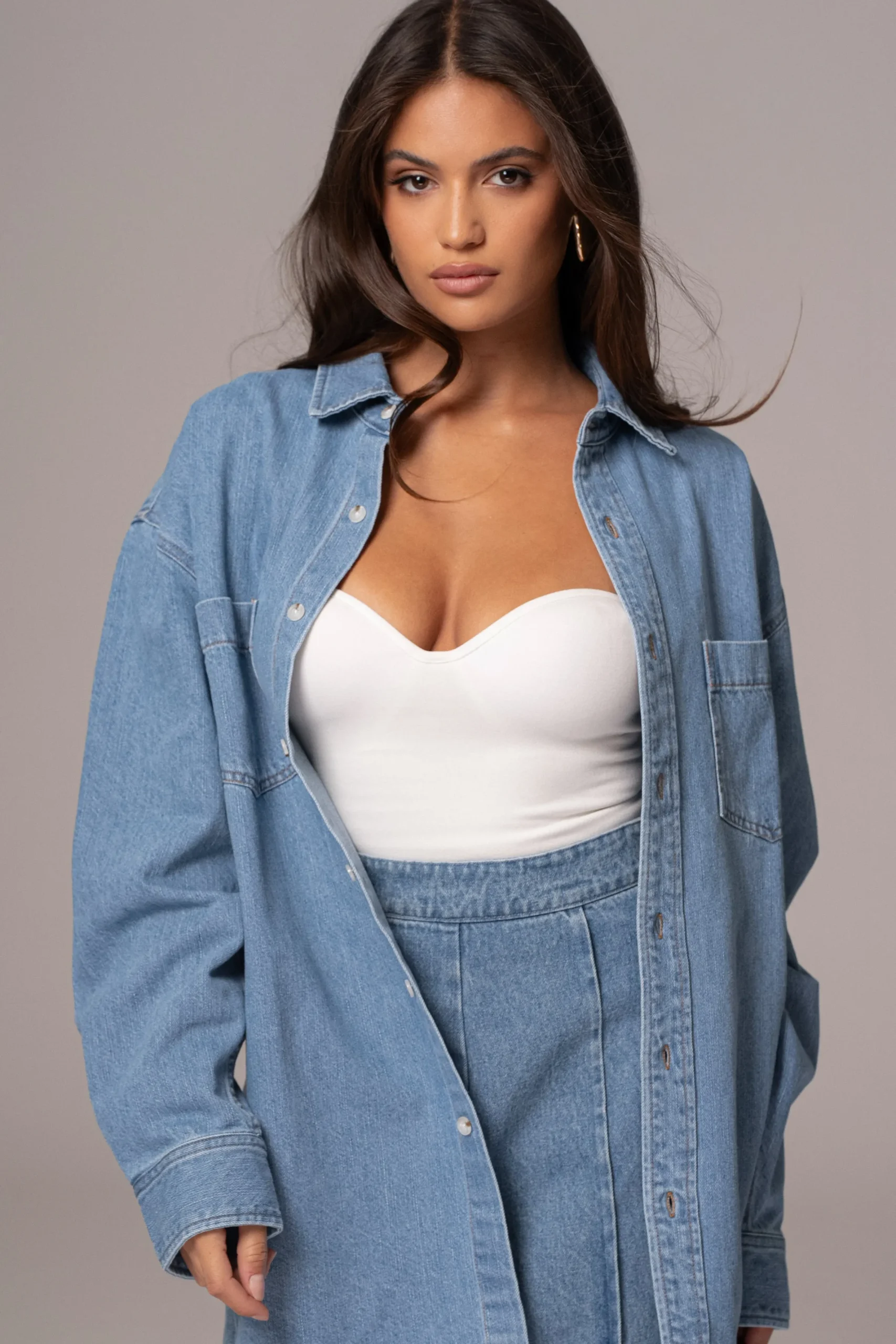 JLUXLABEL Medium Wash Denim Brandi Oversized Button Up