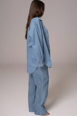 JLUXLABEL Medium Wash Denim Brandi Oversized Button Up