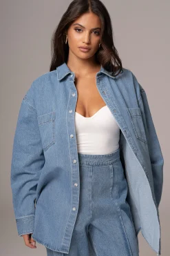 JLUXLABEL Medium Wash Denim Brandi Oversized Button Up