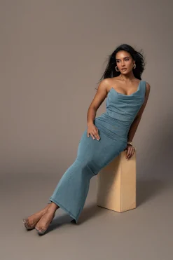 JLUXLABEL Medium Wash Denim Krishna One Shoulder Maxi Dress
