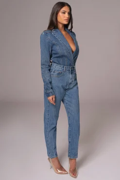 JLUXLABEL Medium Wash Dominica Structured Denim Bodysuit