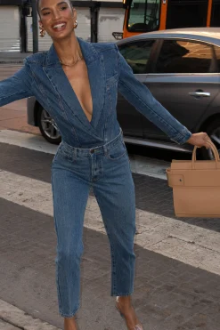 JLUXLABEL Medium Wash Dominica Structured Denim Bodysuit