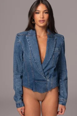JLUXLABEL Medium Wash Dominica Structured Denim Bodysuit