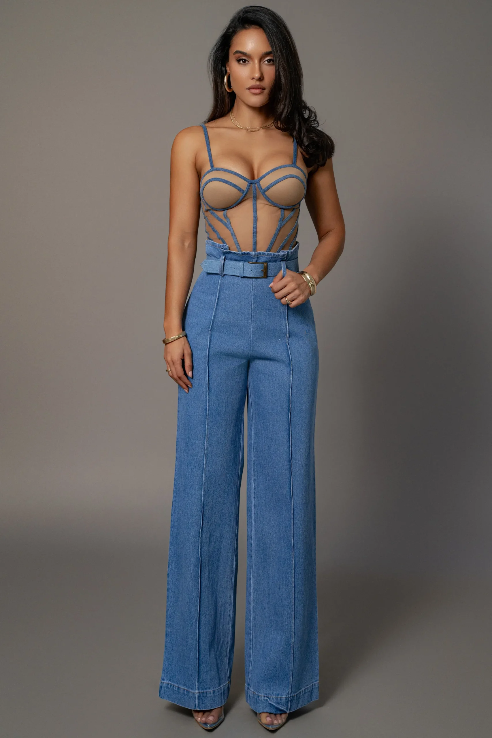 JLUXLABEL Medium Wash Minka Paper Bag Flare Leg Pants