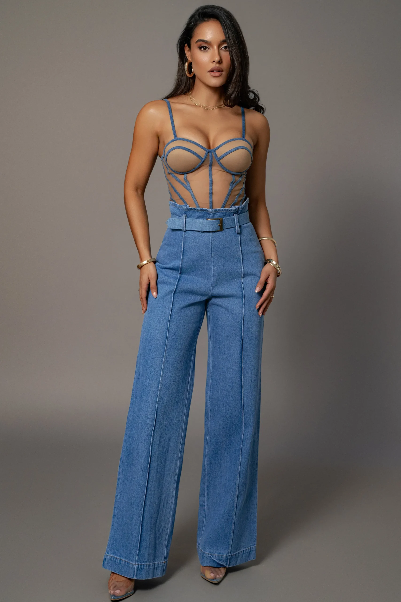 JLUXLABEL Medium Wash Minka Paper Bag Flare Leg Pants