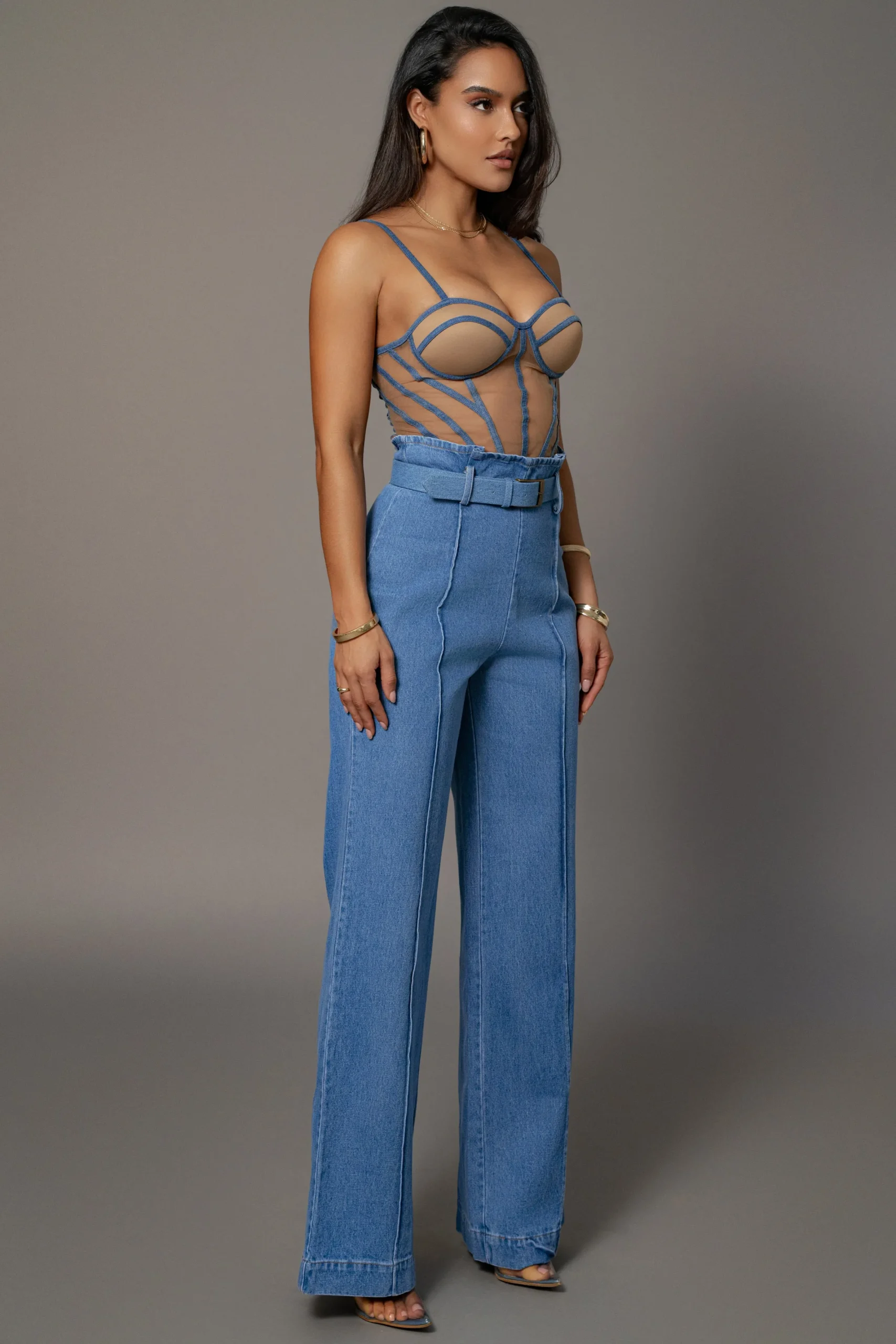 JLUXLABEL Medium Wash Minka Paper Bag Flare Leg Pants