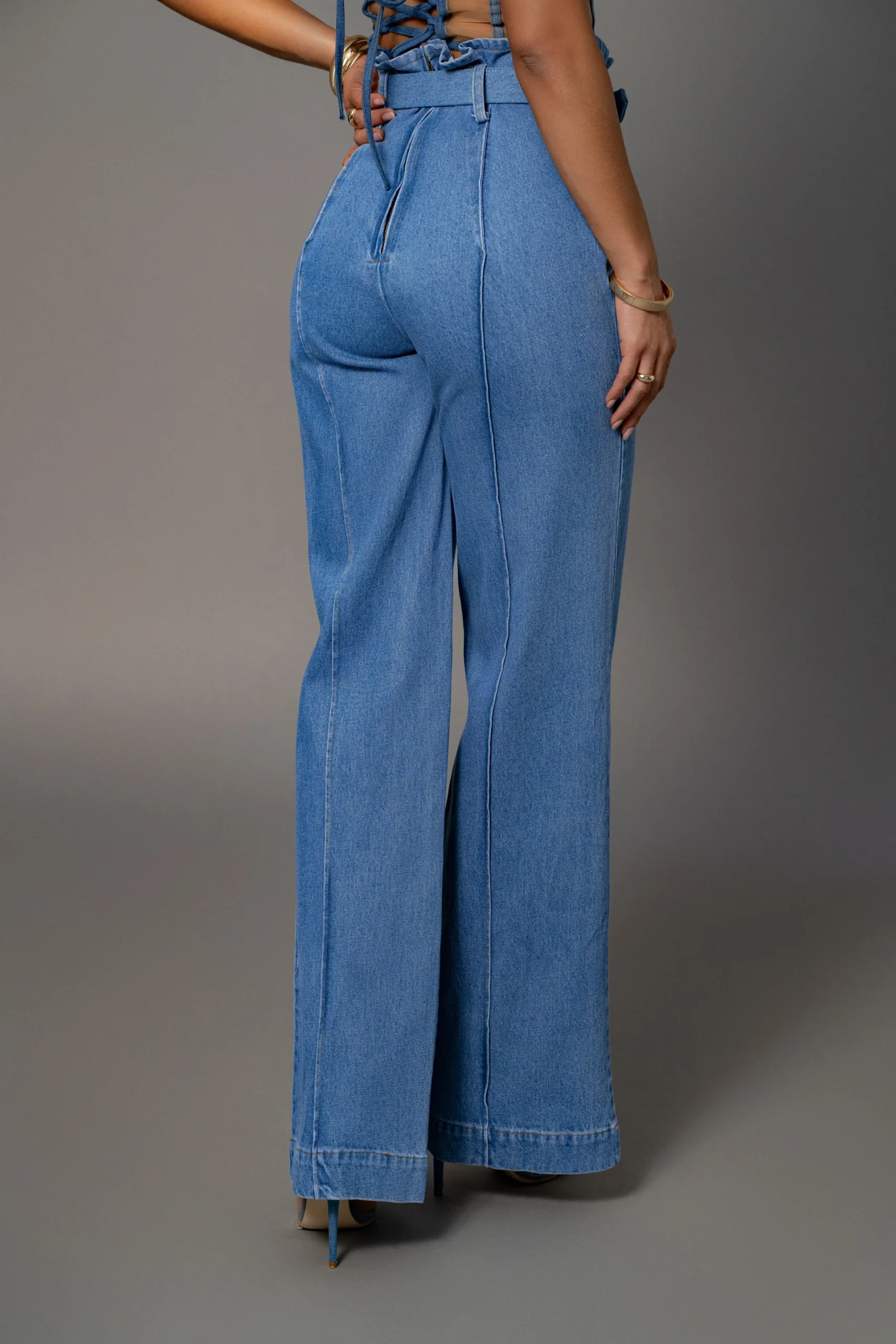 JLUXLABEL Medium Wash Minka Paper Bag Flare Leg Pants