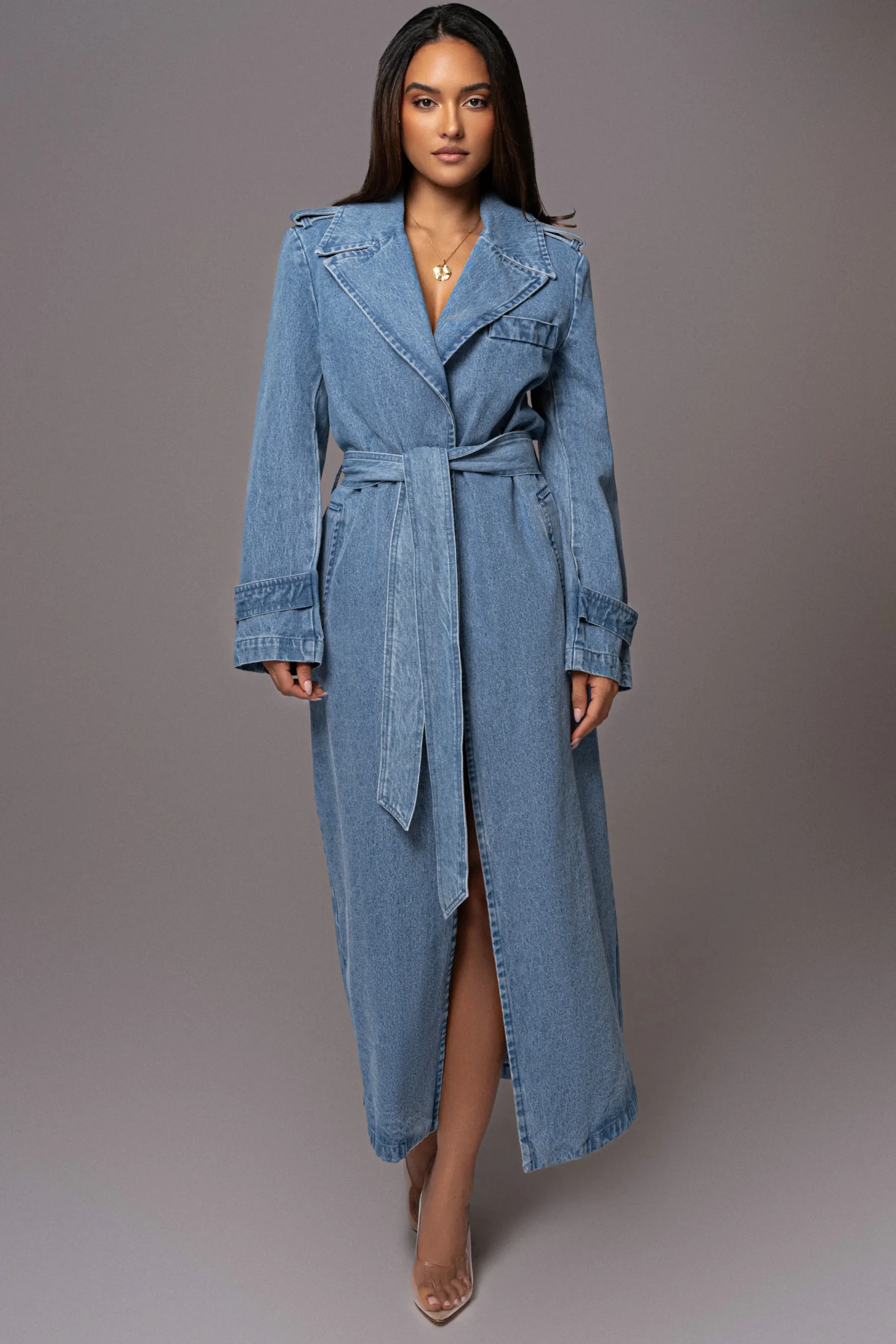 JLUXLABEL Medium Wash Savannah Belted Denim Coat