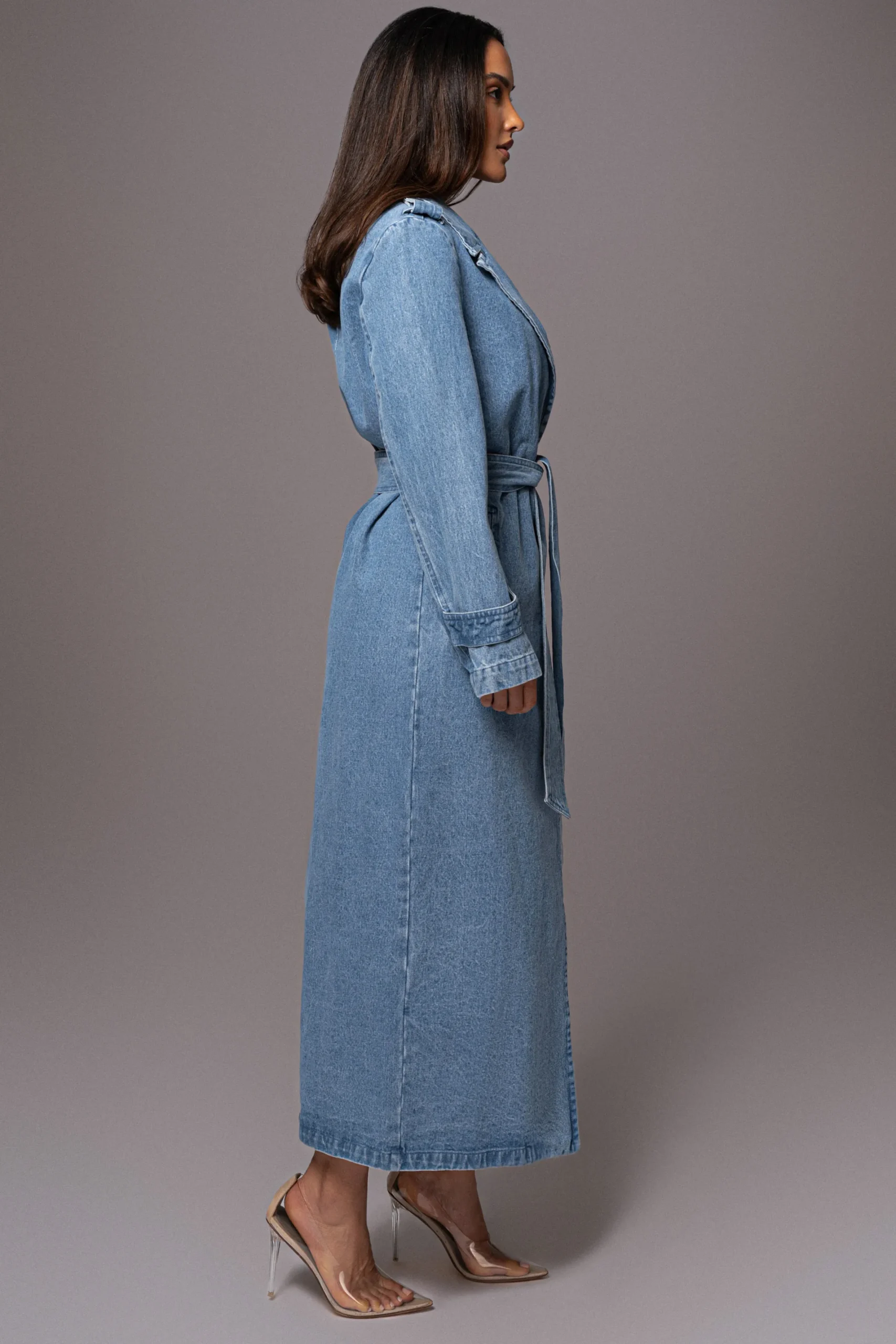 JLUXLABEL Medium Wash Savannah Belted Denim Coat