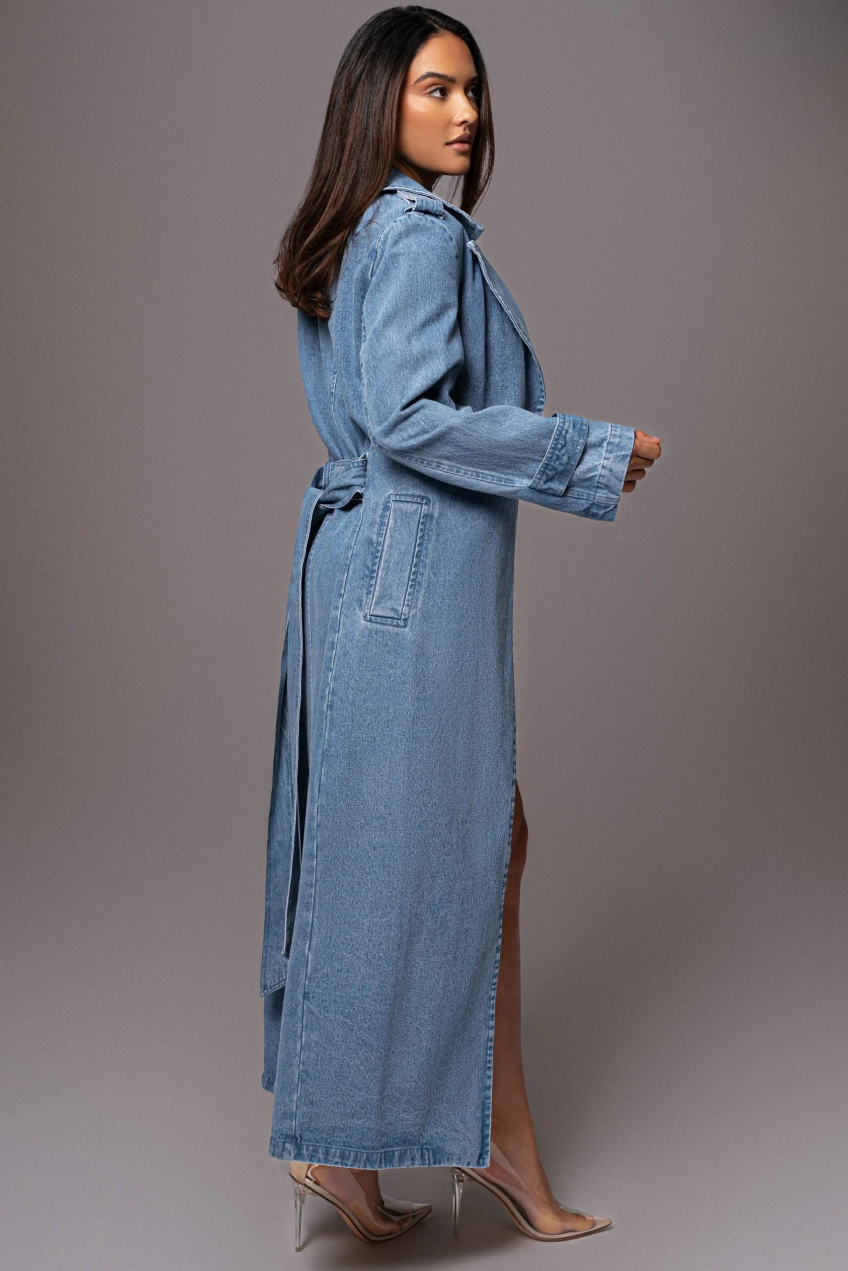 JLUXLABEL Medium Wash Savannah Belted Denim Coat