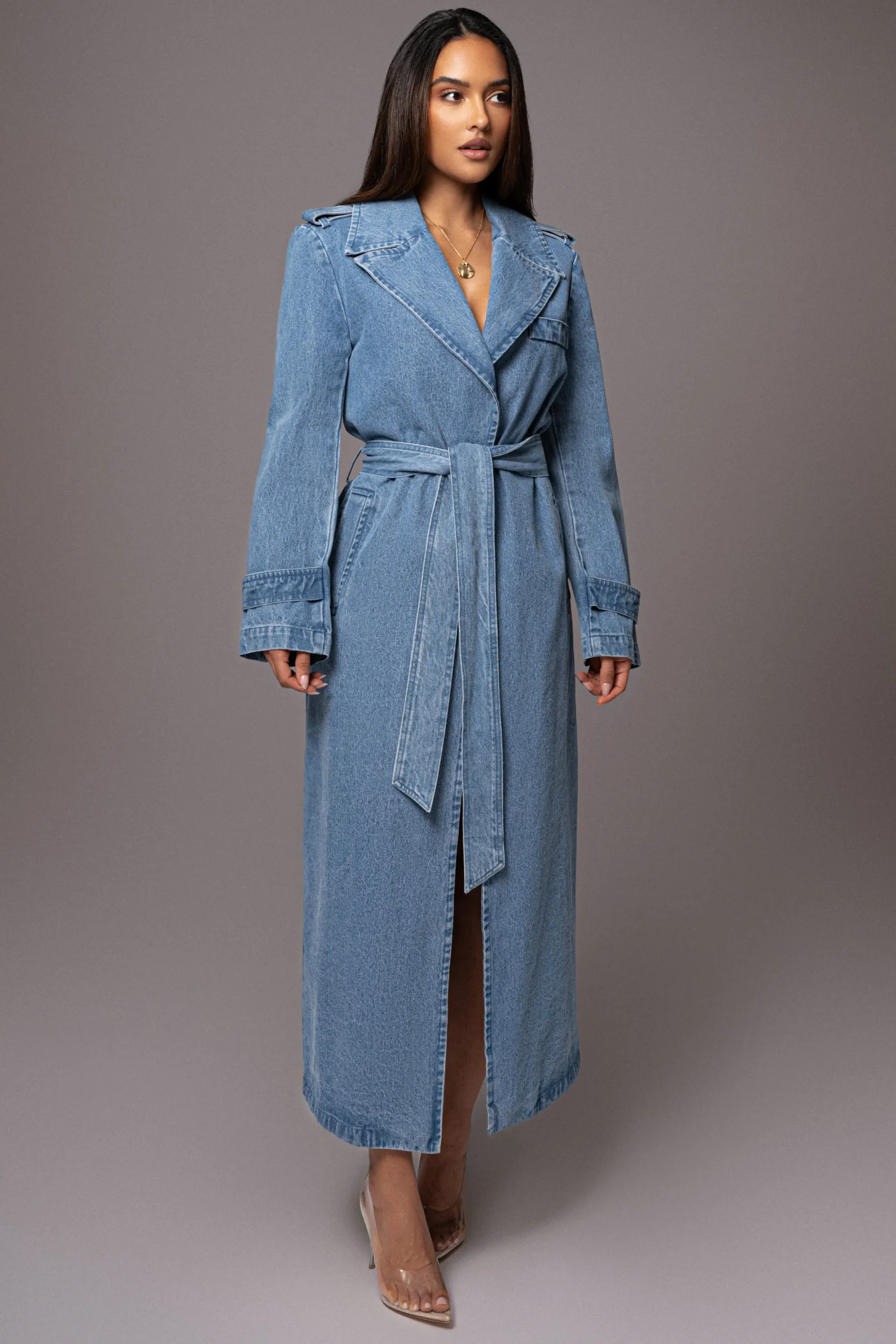 JLUXLABEL Medium Wash Savannah Belted Denim Coat