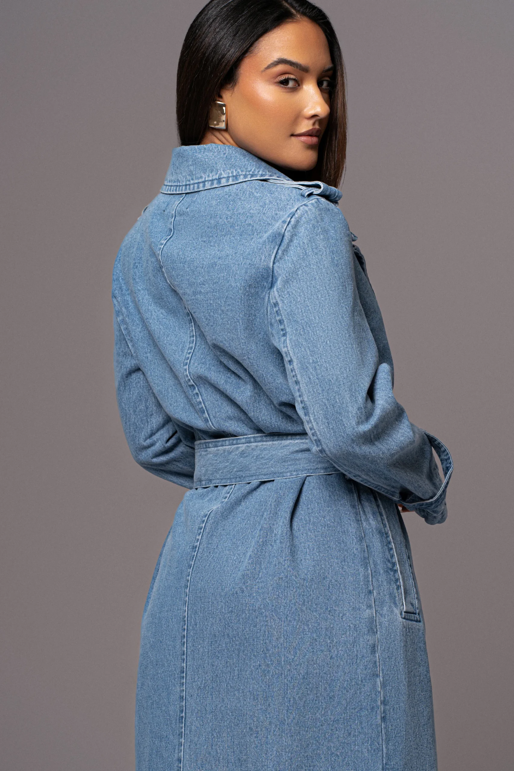 JLUXLABEL Medium Wash Savannah Belted Denim Coat