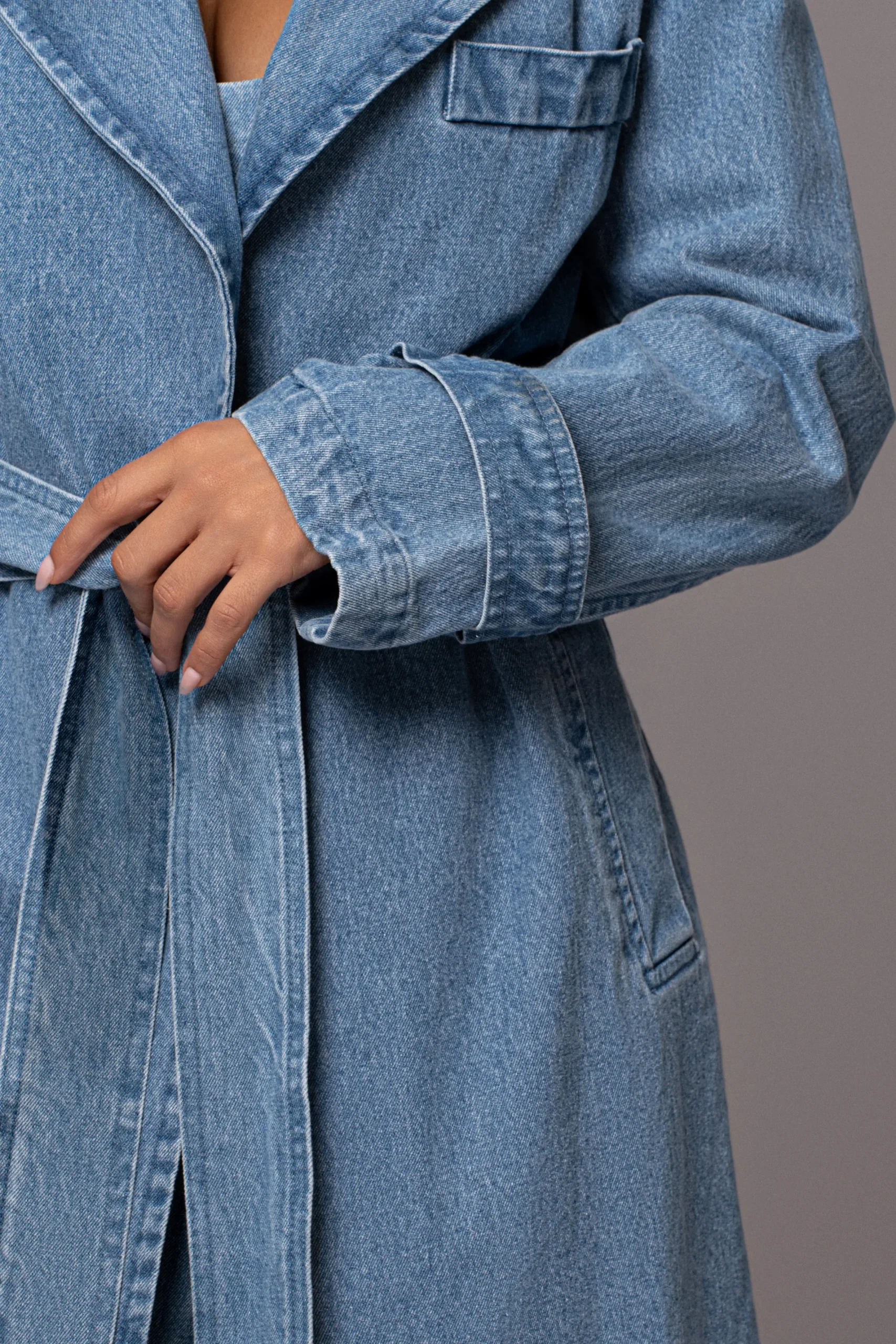 JLUXLABEL Medium Wash Savannah Belted Denim Coat