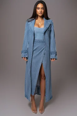 JLUXLABEL Medium Wash Savannah Belted Denim Coat