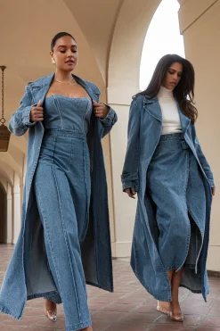 JLUXLABEL Medium Wash Savannah Belted Denim Coat