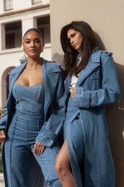 JLUXLABEL Medium Wash Savannah Belted Denim Coat