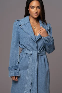 JLUXLABEL Medium Wash Savannah Belted Denim Coat