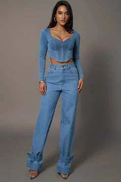 JLUXLABEL Medium Wash Tesa Sweetheart Denim Top