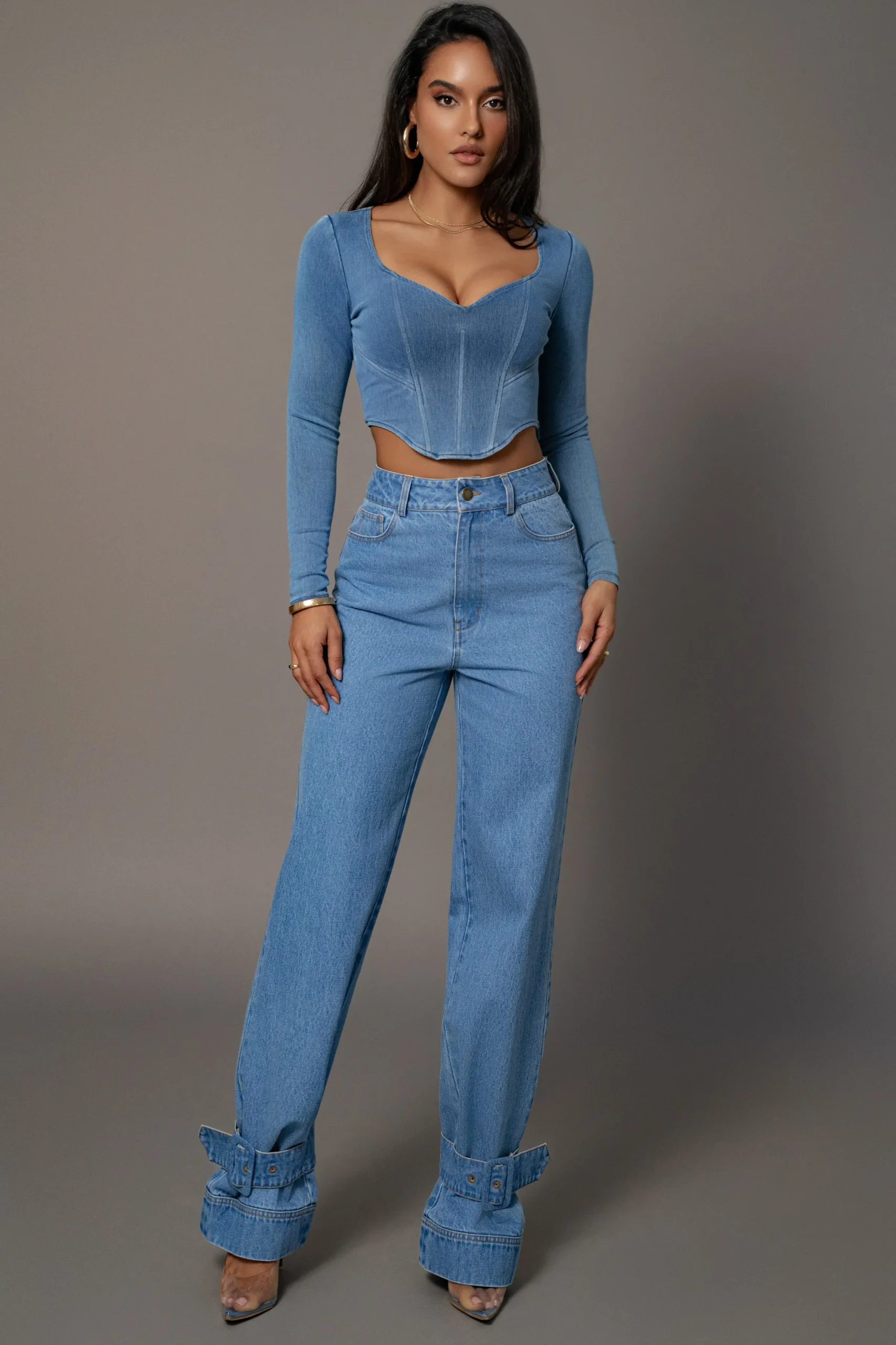 JLUXLABEL Medium Wash Tesa Sweetheart Denim Top