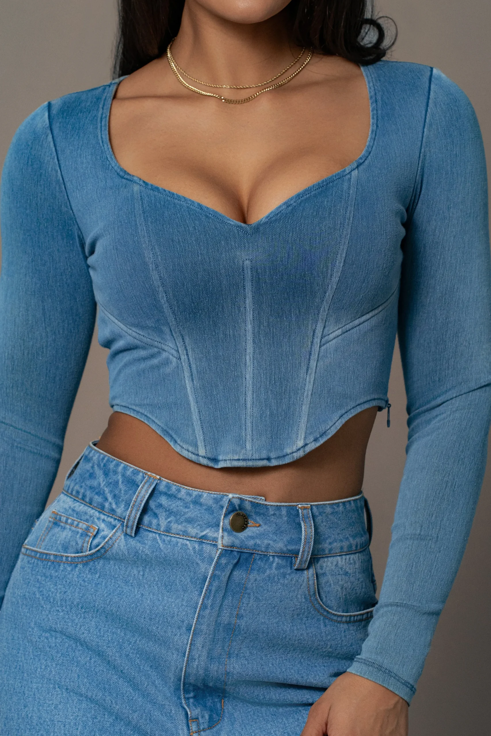JLUXLABEL Medium Wash Tesa Sweetheart Denim Top