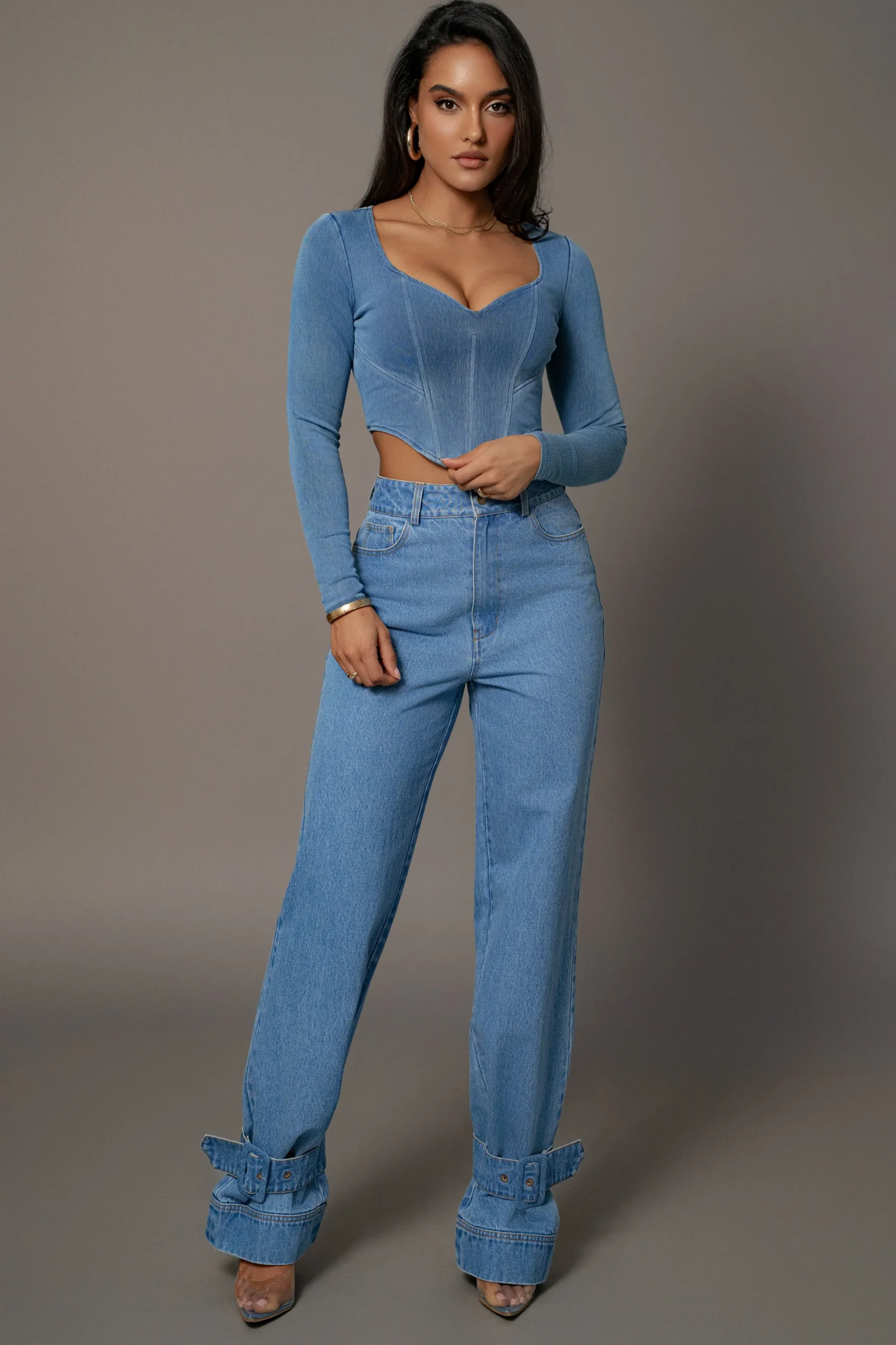 JLUXLABEL Medium Wash Tesa Sweetheart Denim Top
