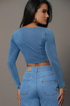 JLUXLABEL Medium Wash Tesa Sweetheart Denim Top