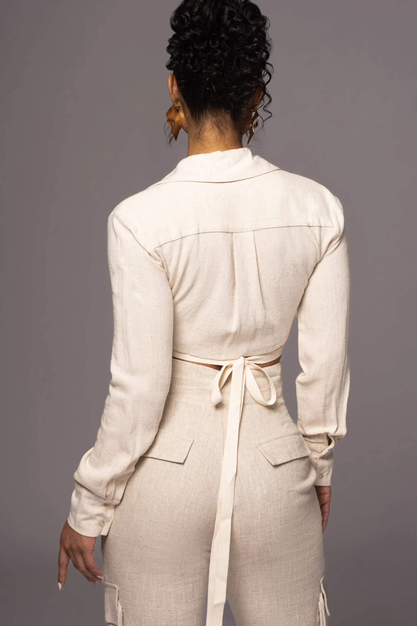 JLUXLABEL Natural Drift Away Linen Wrap Top