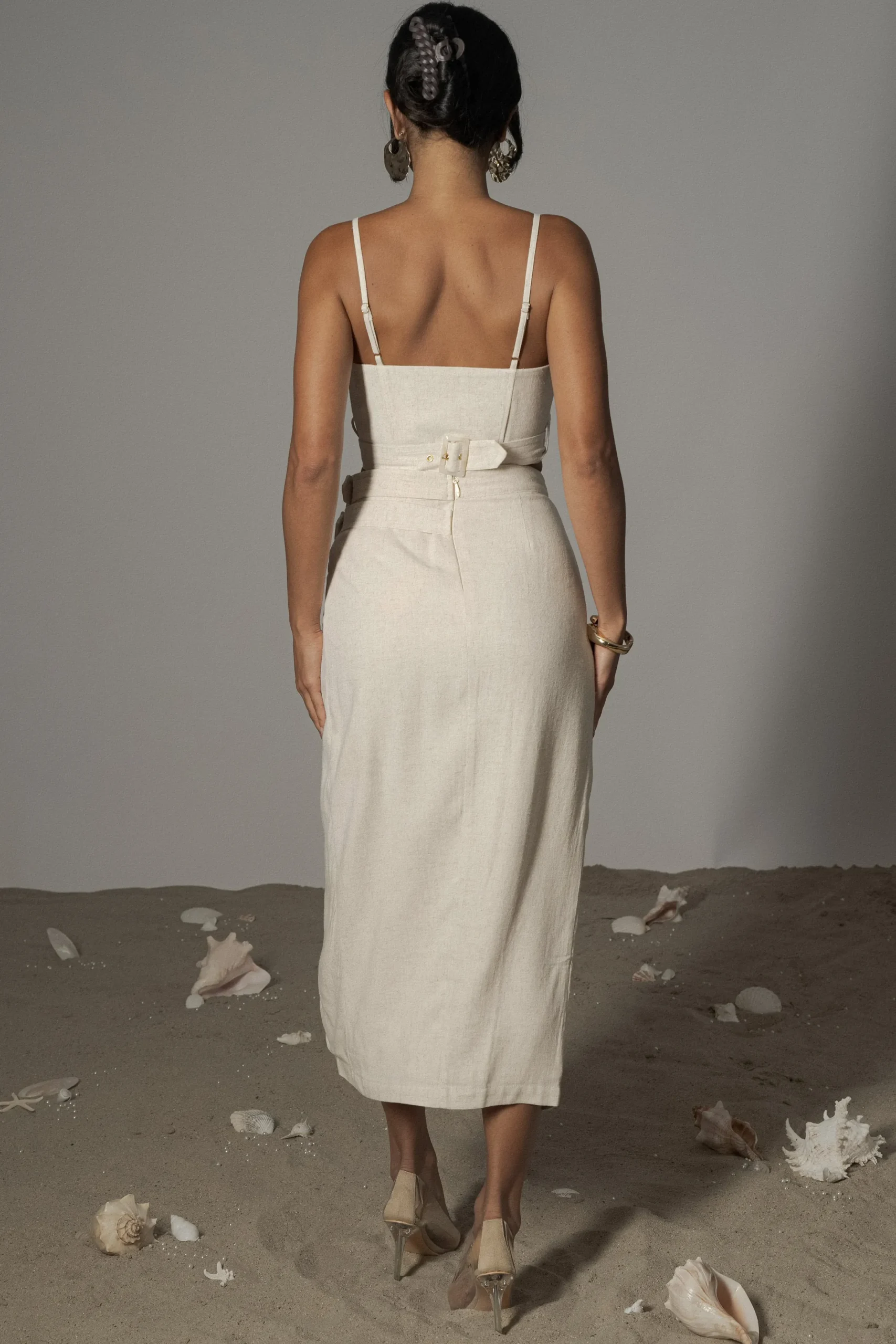 JLUXLABEL Natural Gisele Linen Slit Skirt