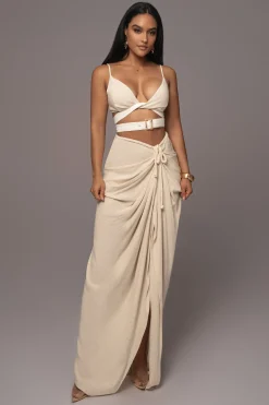 JLUXLABEL Natural Noelia Linen Slit Skirt