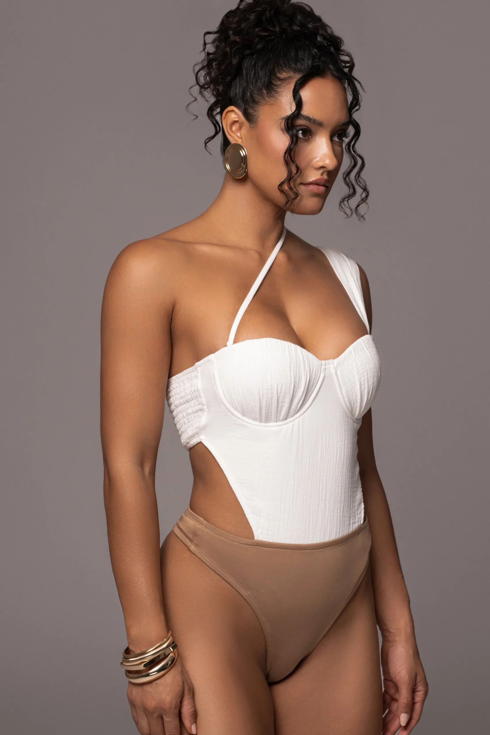JLUXLABEL Natural Scenic One-Shoulder Linen Bodysuit