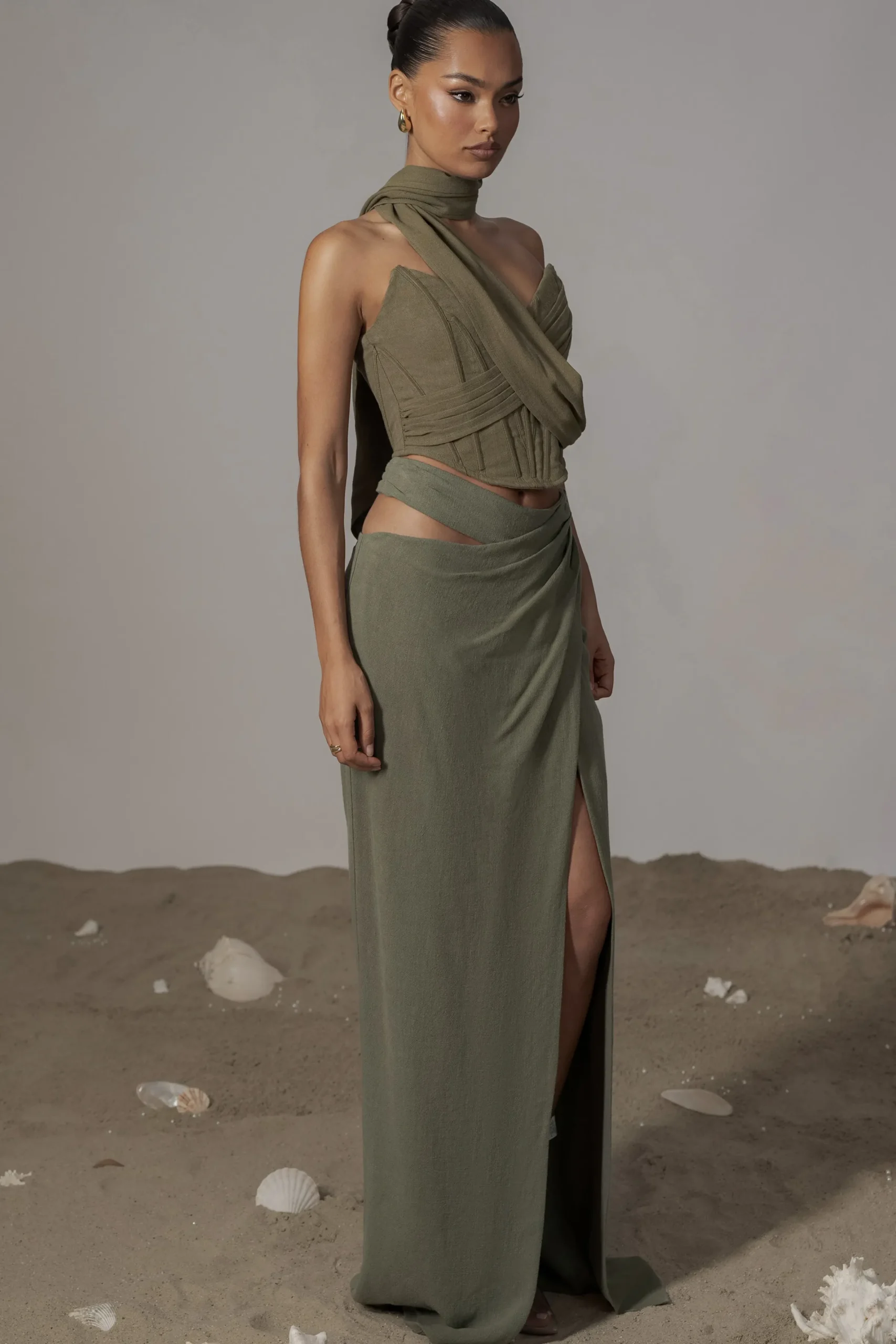 JLUXLABEL Olive Coastal Bliss Linen Bustier