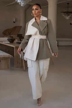 JLUXLABEL Olive Color Block Summit Belted Jacket