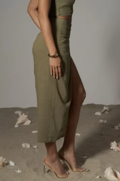 JLUXLABEL Olive Gisele Linen Slit Skirt
