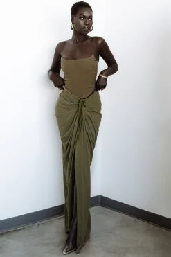 JLUXLABEL Olive Noelia Linen Slit Skirt