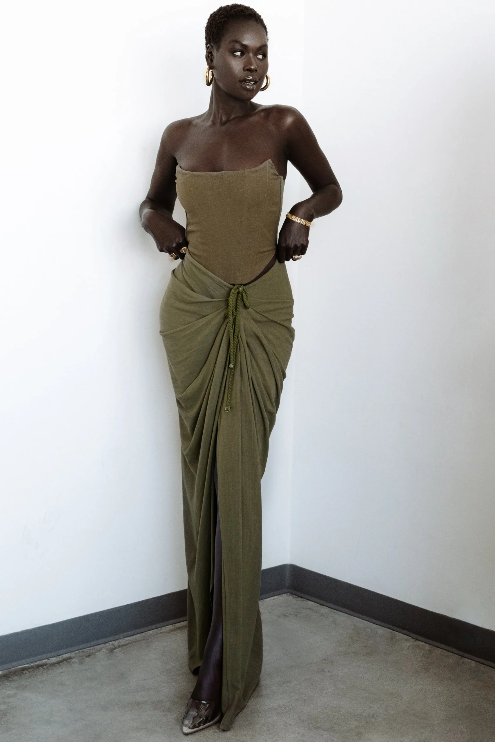 JLUXLABEL Olive Noelia Linen Slit Skirt