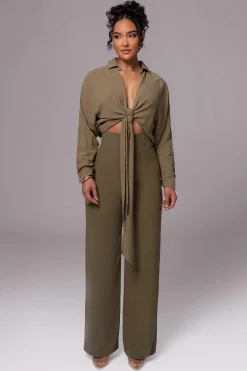 JLUXLABEL Olive Soho Front Tied Woven Top
