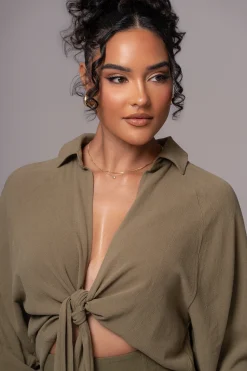 JLUXLABEL Olive Soho Front Tied Woven Top