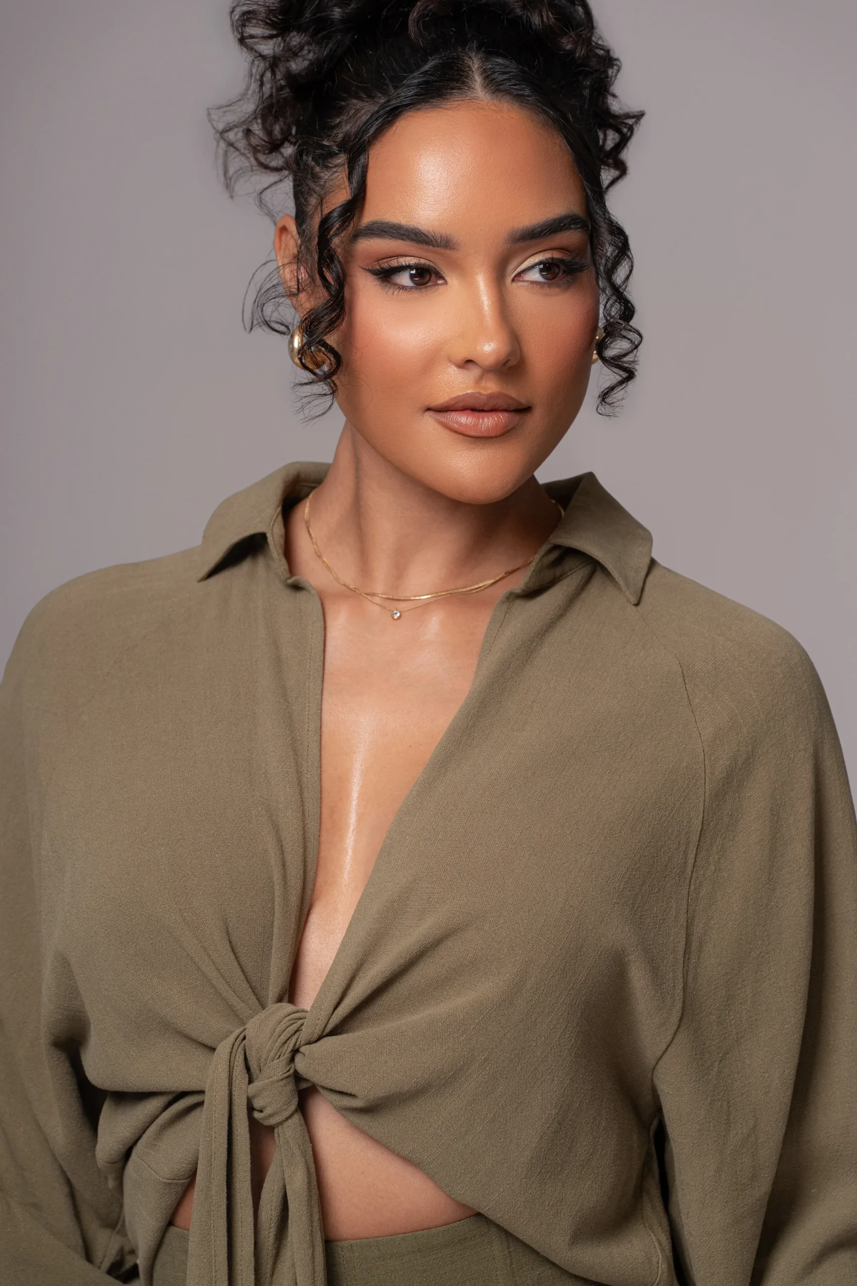 JLUXLABEL Olive Soho Front Tied Woven Top