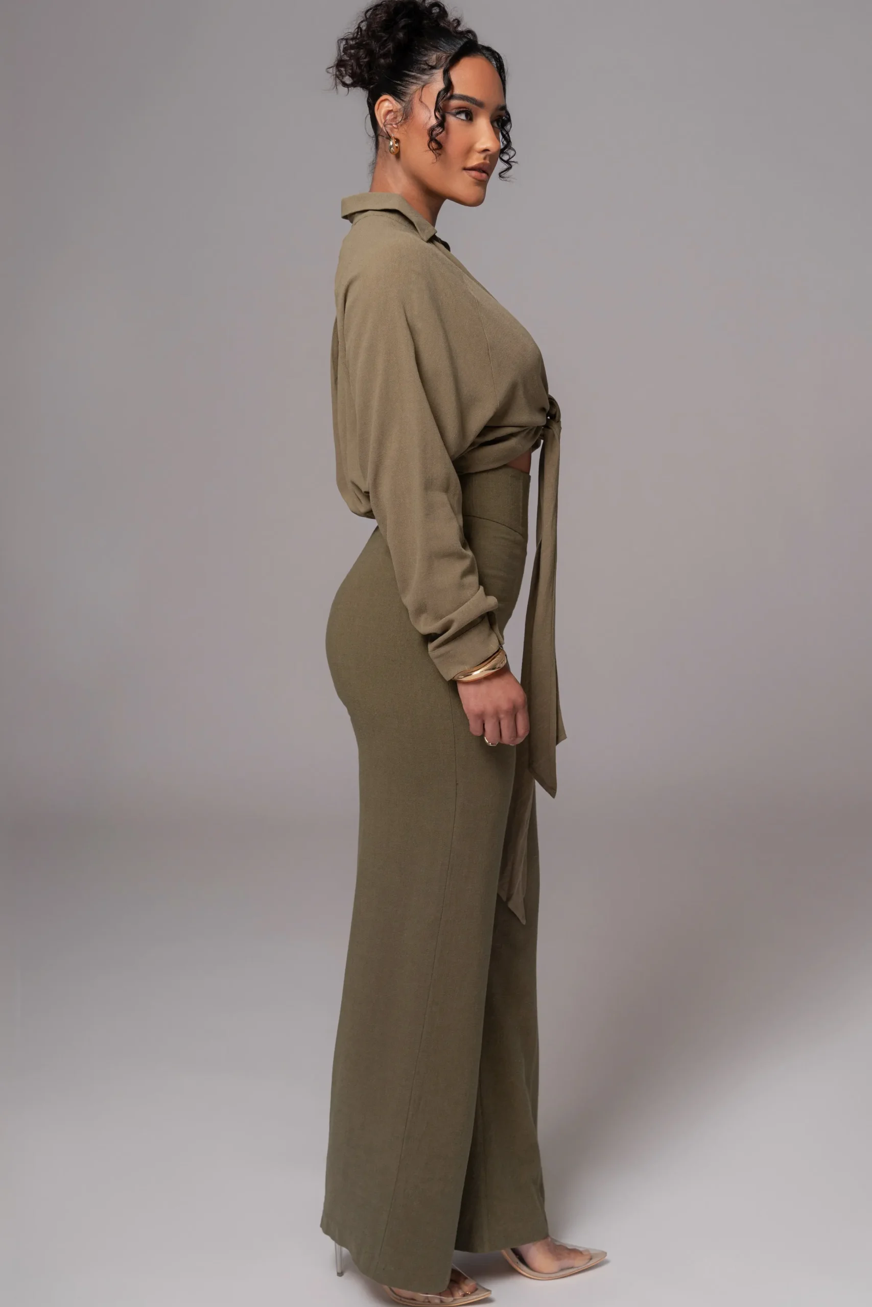 JLUXLABEL Olive Soho Front Tied Woven Top
