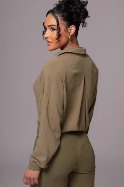 JLUXLABEL Olive Soho Front Tied Woven Top