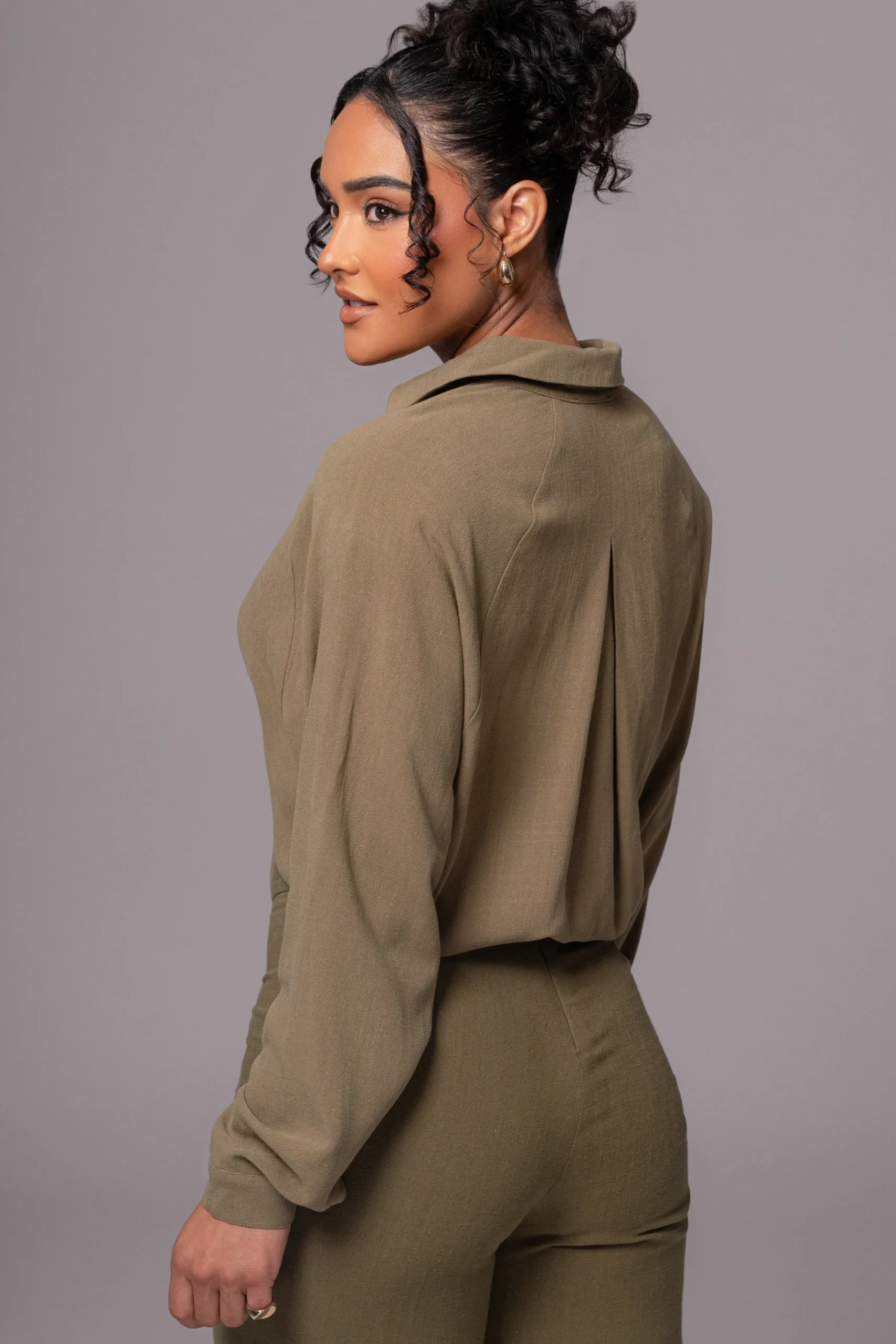 JLUXLABEL Olive Soho Front Tied Woven Top