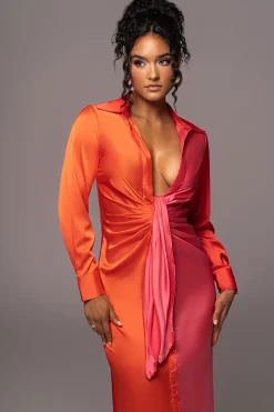 JLUXLABEL Pink Color Block Satin Midi Dress